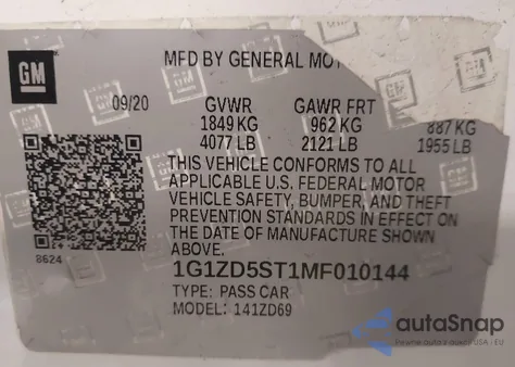 2021 Chevrolet Malibu Fwd Lt z USA, uszkodzony, nr VIN 1G1ZD5ST1MF010144